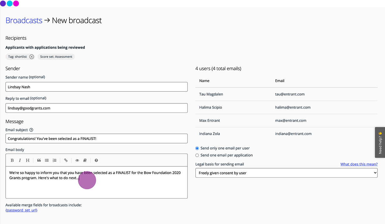 Communicate with grant applicants