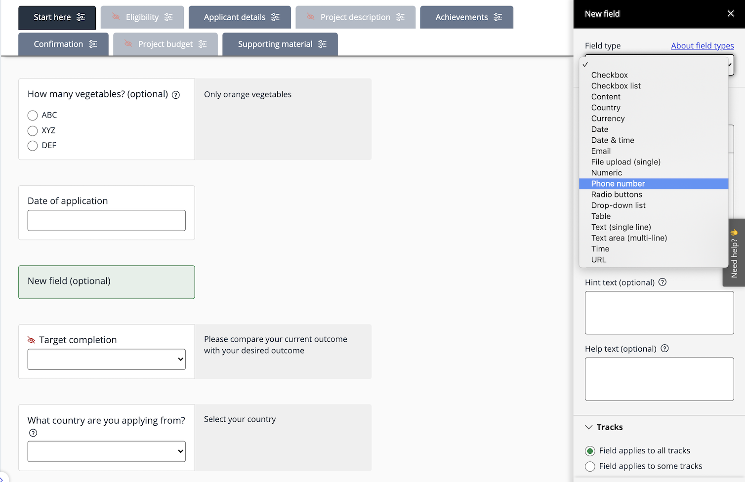 Feldtyp-Optionen in Good Grants