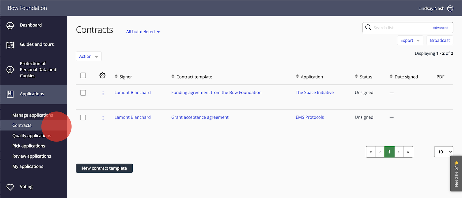 Vertragsansicht in Good Grants