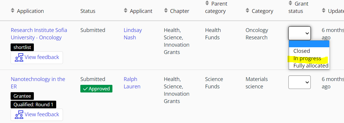 Grant status options in Good Grants