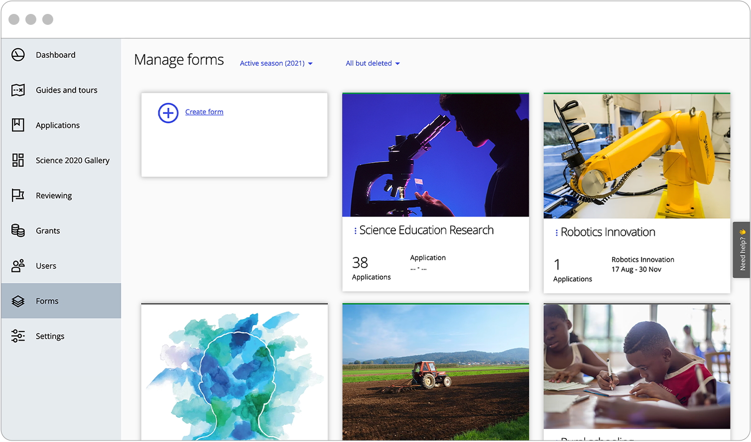 Manage forms view to check all application forms