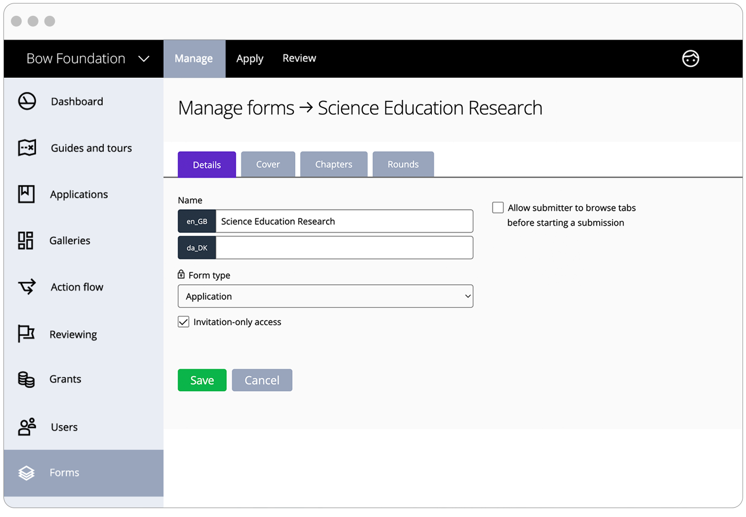 Bild zeigt Good Grants Einstellung für Nur-Einladung-Formulare