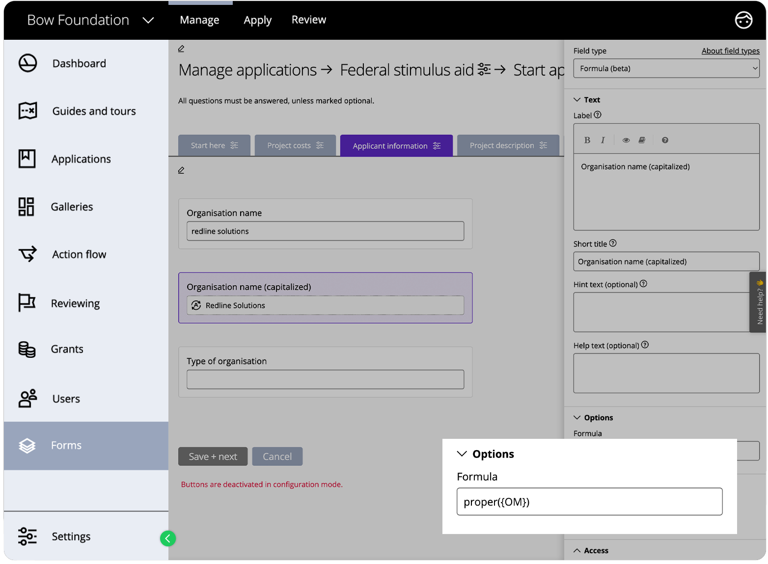 Manager's view of Good Grants, inserting the proper formula in the formula field.