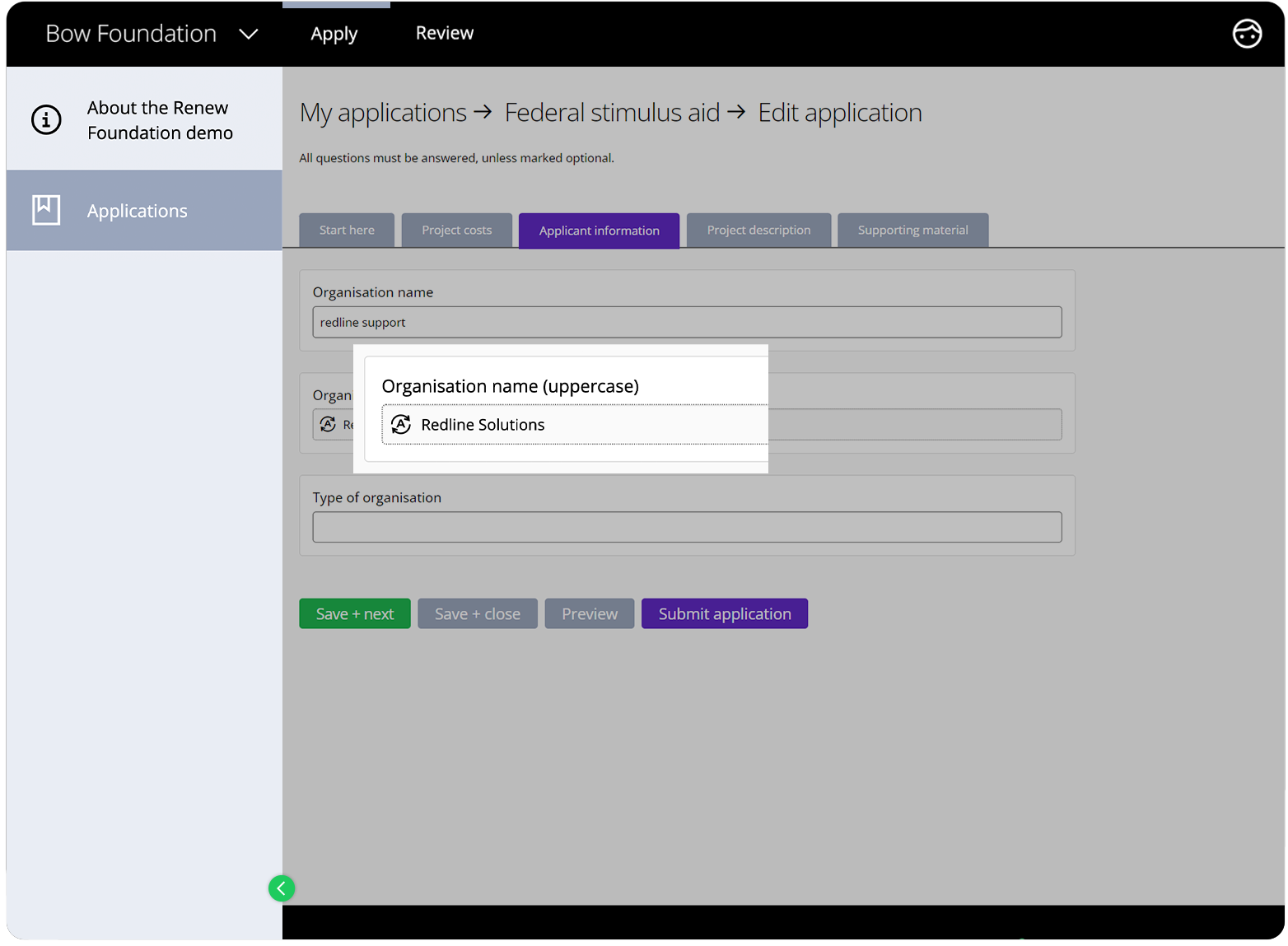Applicant's view of Good Grants showing the uppercase formula in action when text is being added to the source field of the formula.