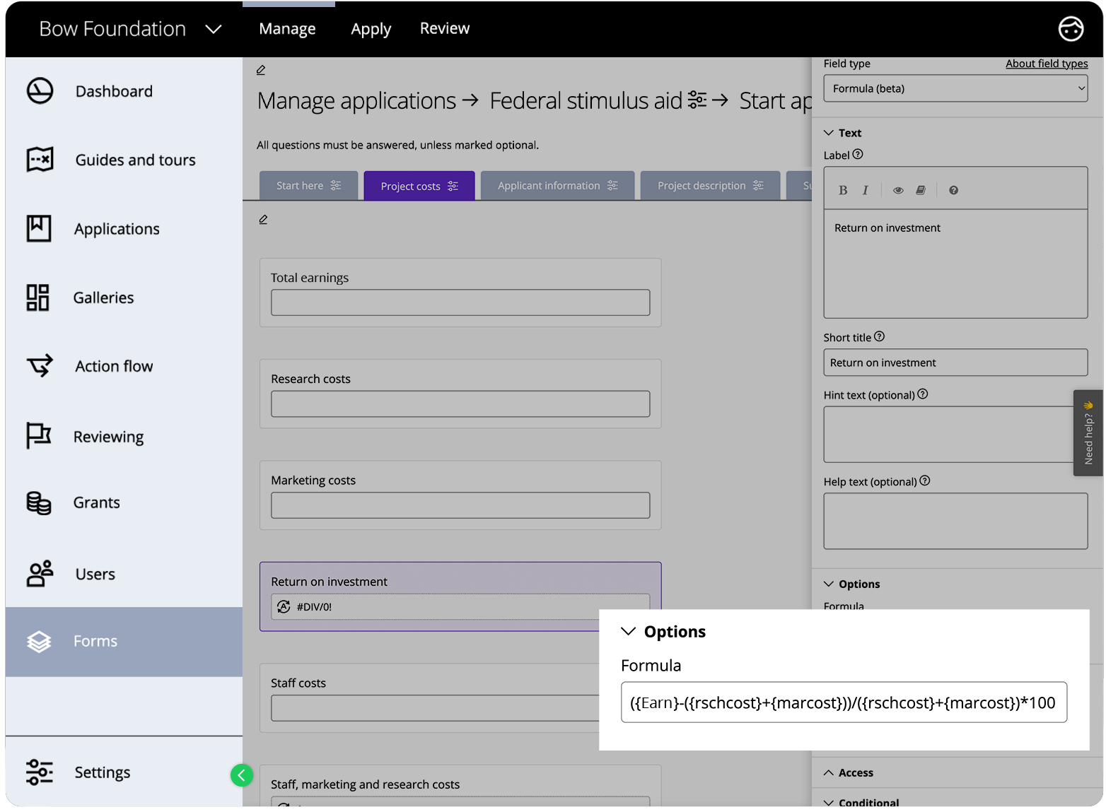 Good Grants interface showing how the formula field can be used to calculate the return on investment