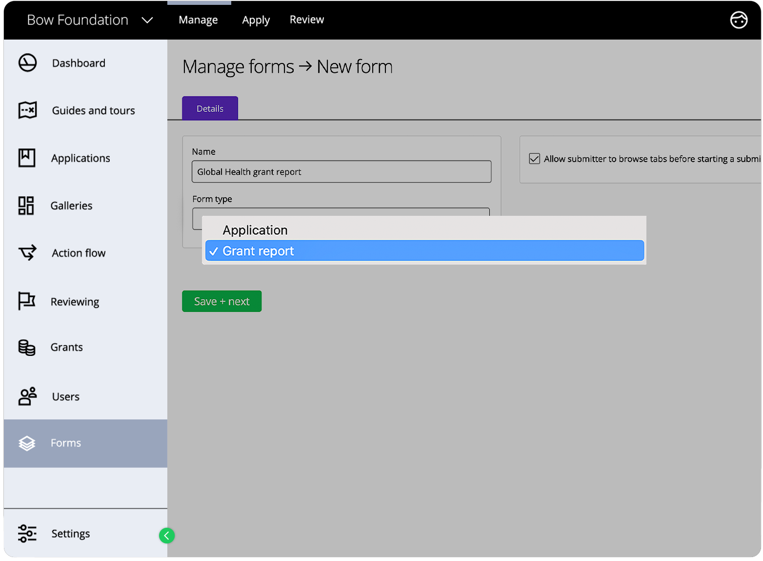 Good Grants-Oberfläche, die die 2 Arten von Formulartypen zeigt: Antrag und Fördermittelbericht