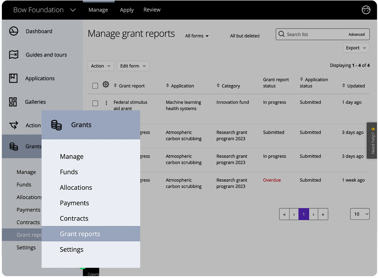 Good Grants-Verwaltungsansicht mit einer neuen Menüoption: Fördermittelberichte verwalten