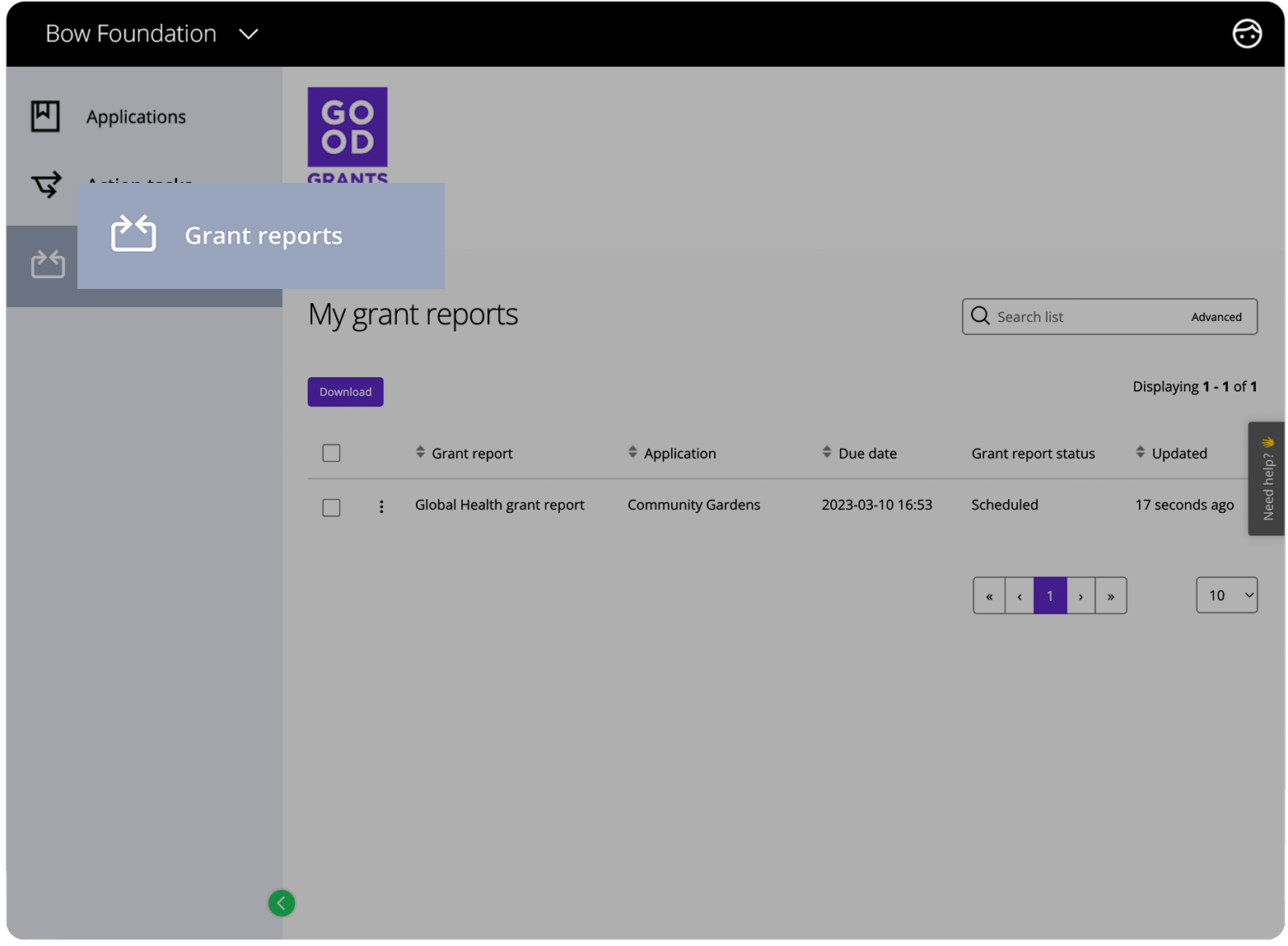 Good Grants-Ansicht eines Teilnehmers, die eine neue Menüoption für Fördermittelberichte zeigt