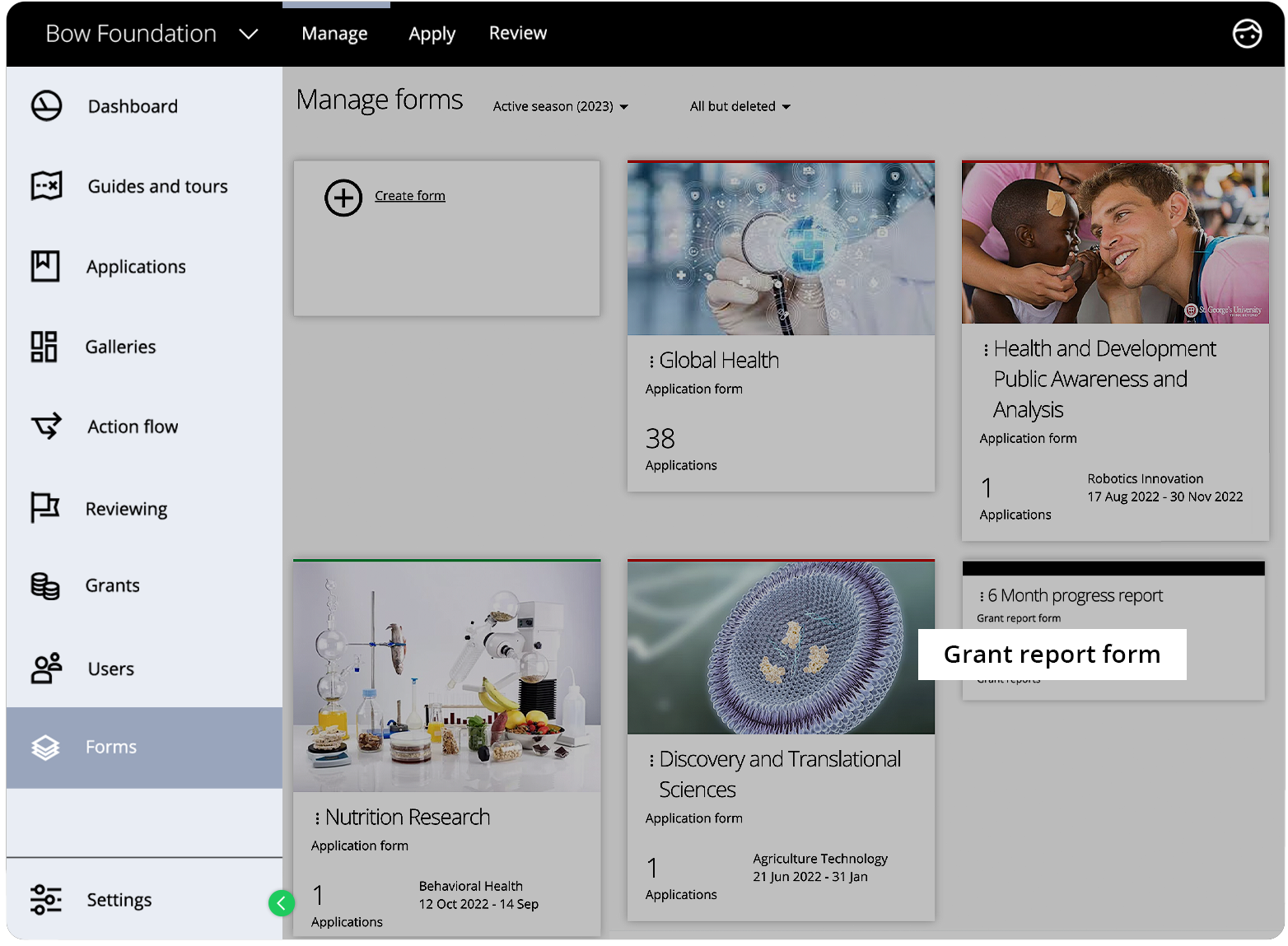 Good Grants-Ansicht zur Verwaltung von Formularen, die den Unterschied zwischen dem Aussehen eines Antragsformulars und eines Fördermittelberichts zeigt