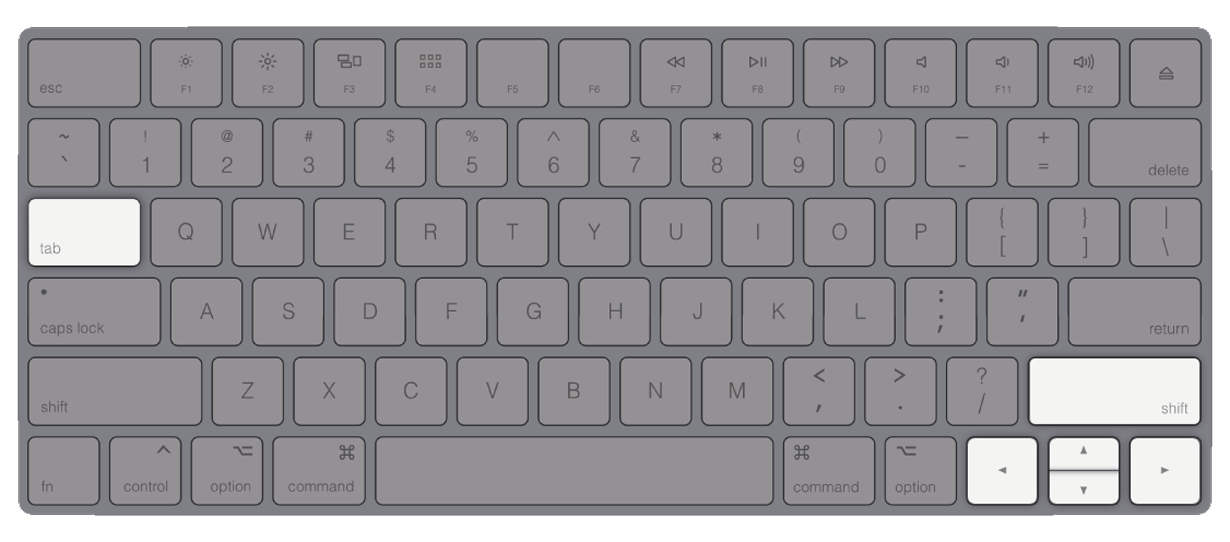 Keyboard with the tab, enter and arrow buttons highlighted
