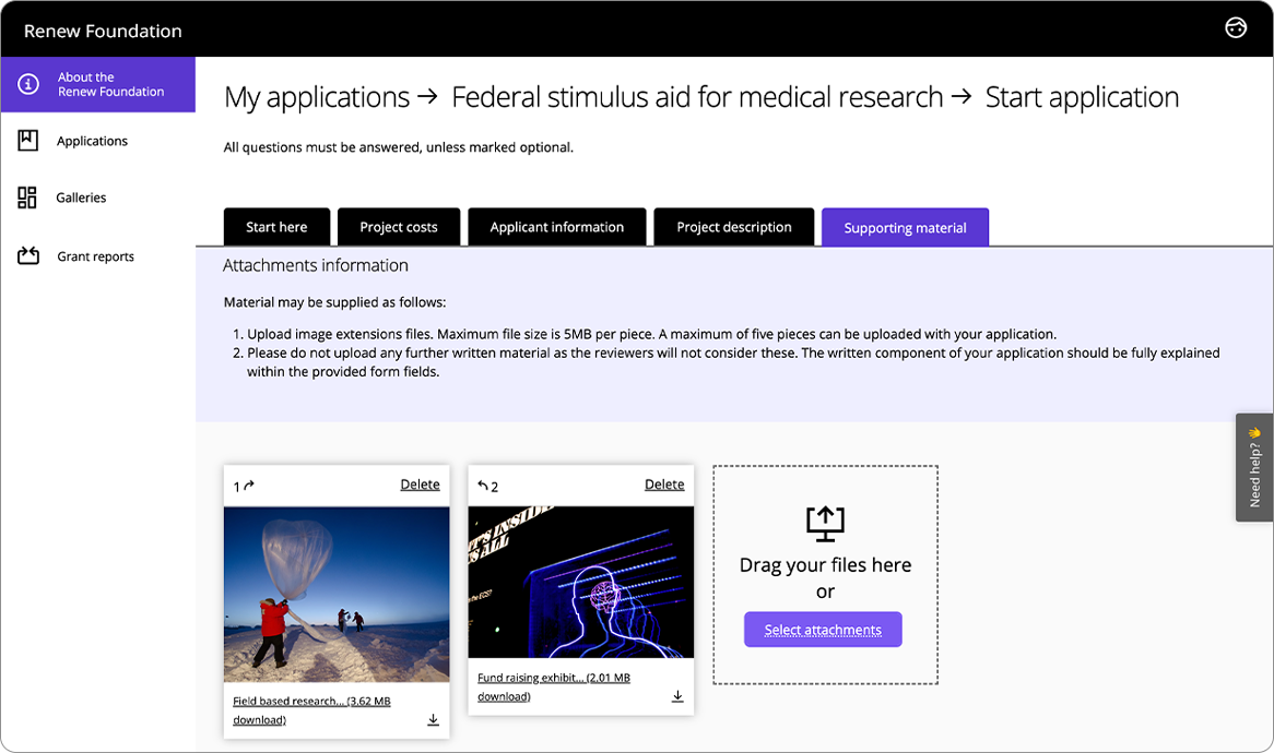 Good Grants interface showing the application form attachment field