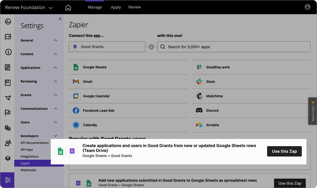 Good Grants interface showing the Google Sheets integration option