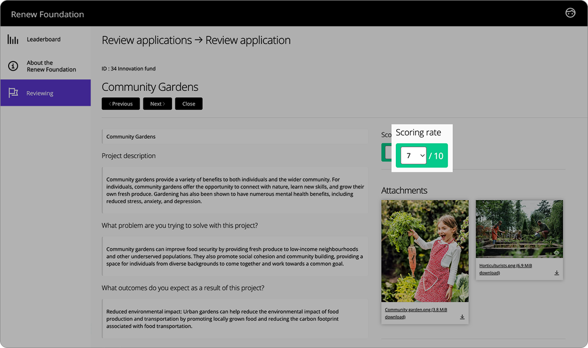 Good Grants interface showing the scoring review mode