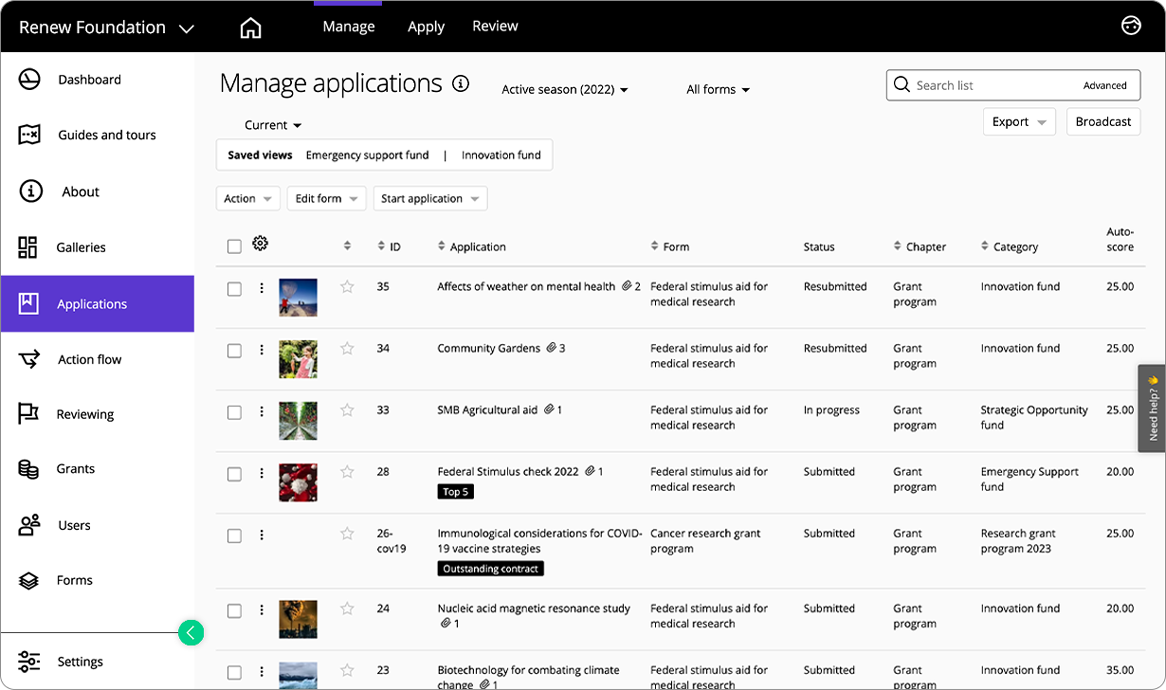 Good Grants interface showing a list of applications