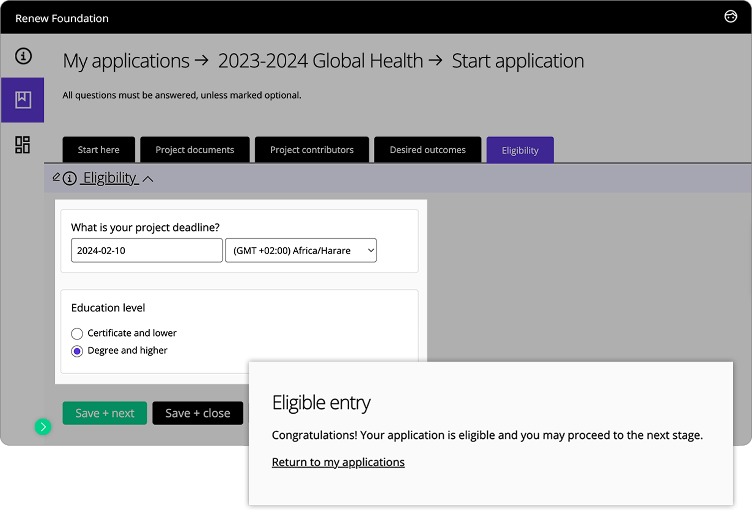 Eligibility notification on application form in Good Grants