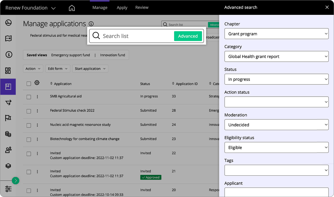 Good Grants interface showing the advanced search tray with options to choose the chapter, category, grant status, eligibility and other filter settings to narrow down your search.