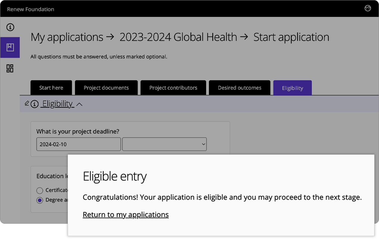 An example of an automated notification informing the applicant that the application is eligible and that the user may proceed. 