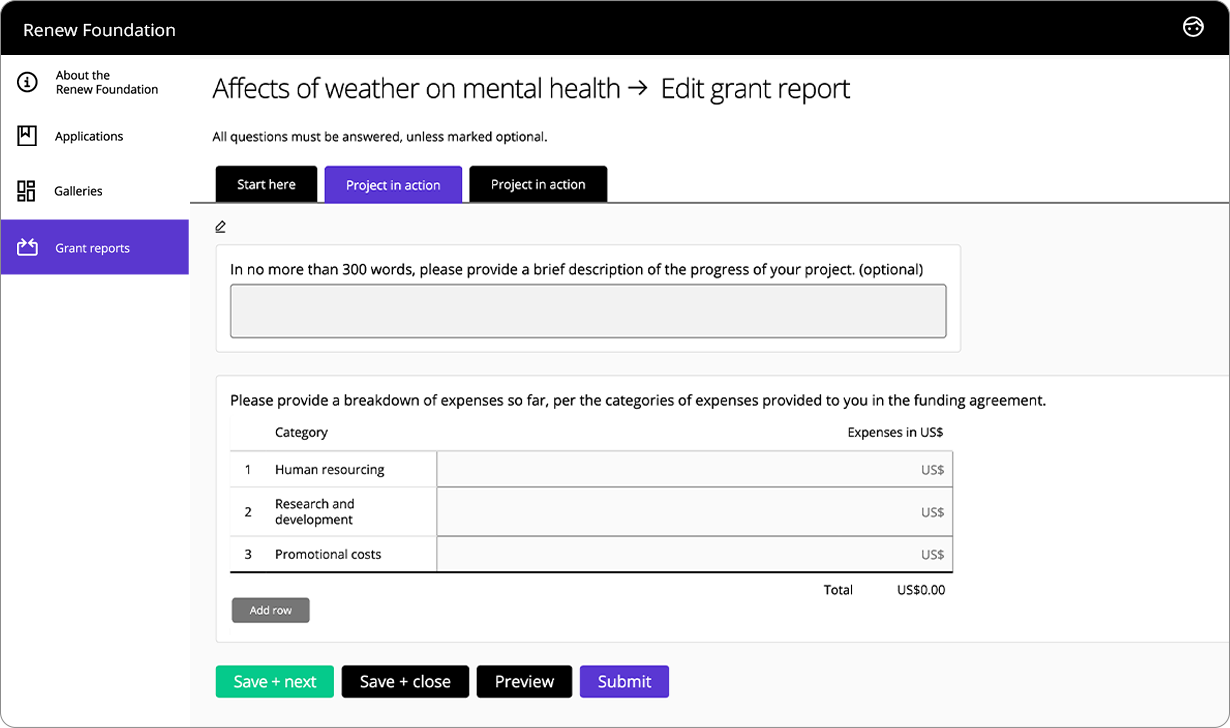 Applicant view of a grant report form