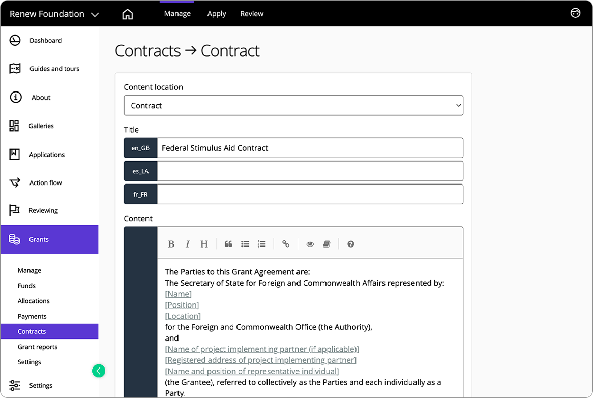 Good Grants-Oberfläche, die zeigt, wie der Benutzer Verträge erstellen kann