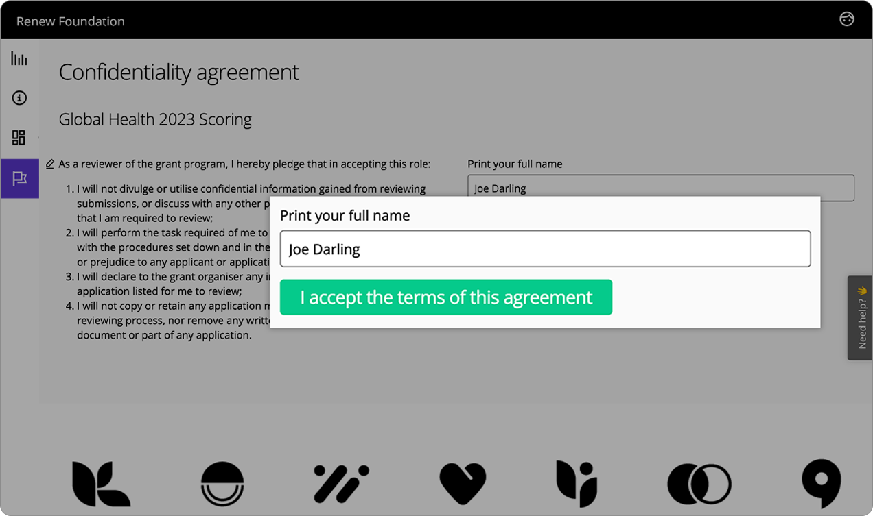 Good Grants interface showing a reviewer's signed confidentiality agreement 