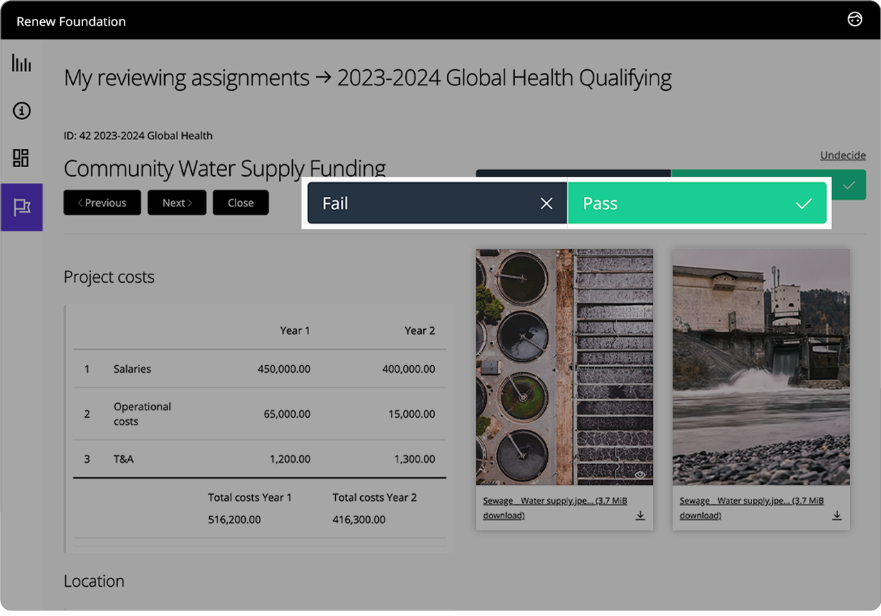 Good Grants Benutzeroberfläche, die eine Bewerbung im Qualifizierungsmodus zeigt