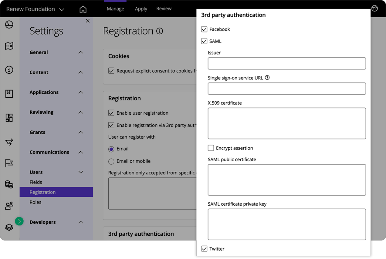 Good Grants interface showing the option to select the SAML functionality