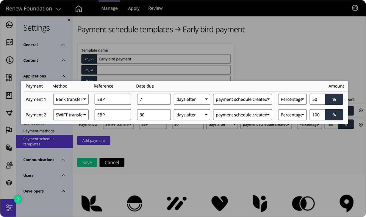 A Good Grants interface showing a payment schedule being set up.