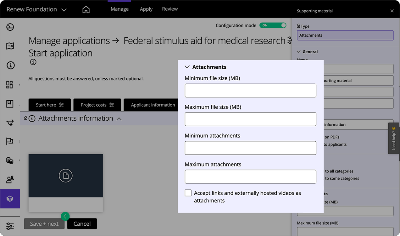 Interface showing file upload settings