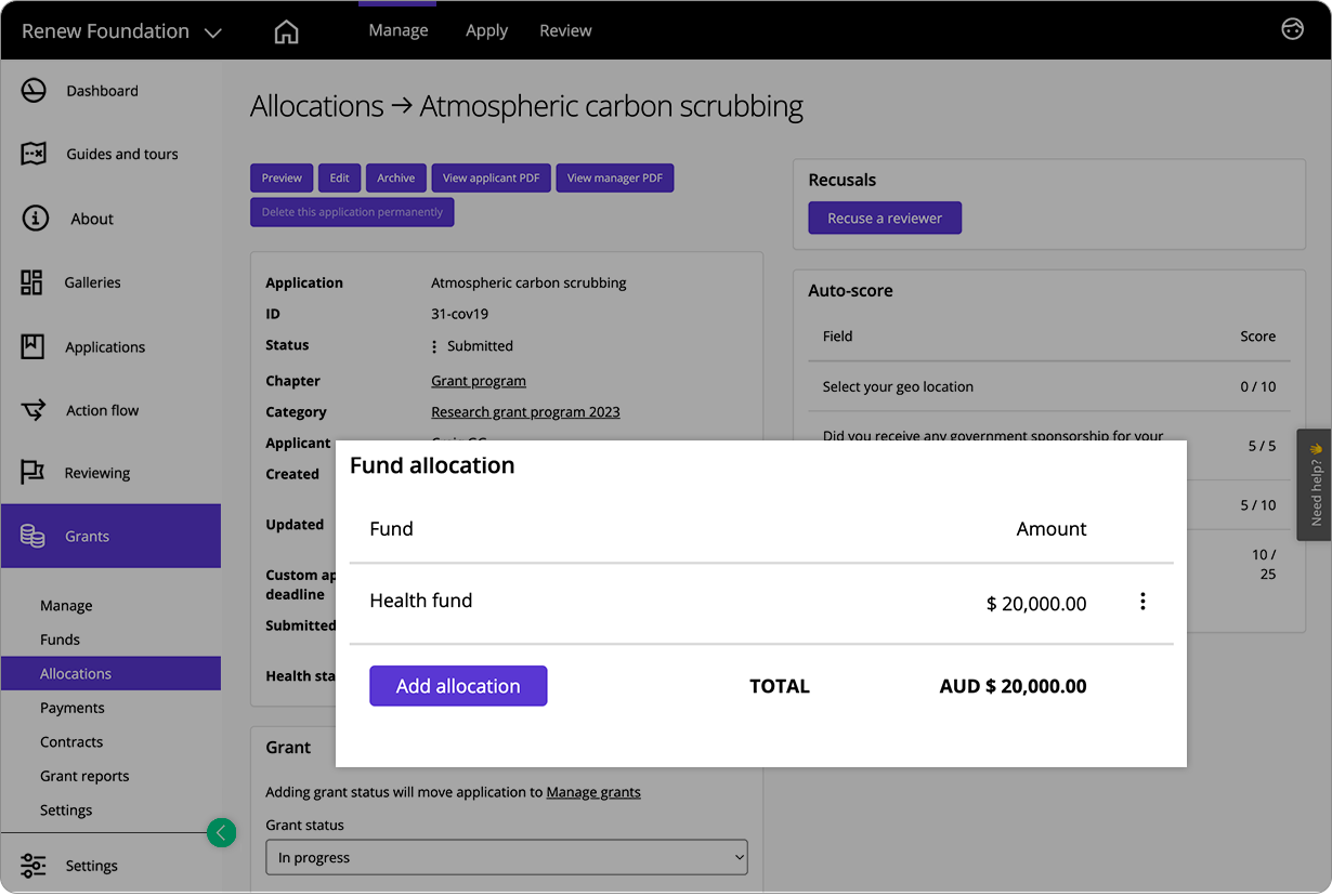 Good Grants interface showing how the user can allocate a fund to an application