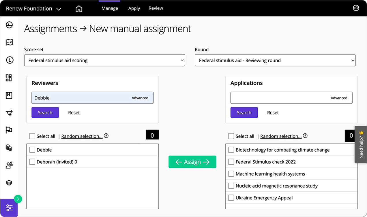 Good Grants Benutzeroberfläche, die eine manuelle Zuweisungskonfiguration zeigt