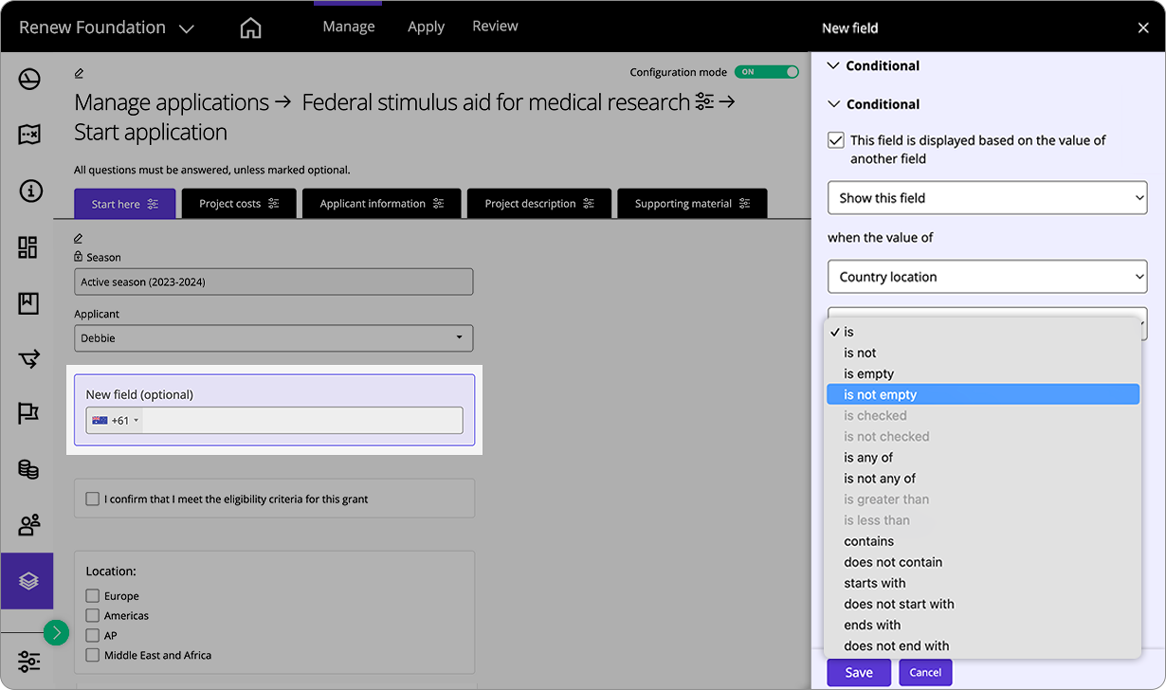 Good Grants-Oberfläche, die die Option für bedingte Logik zeigt