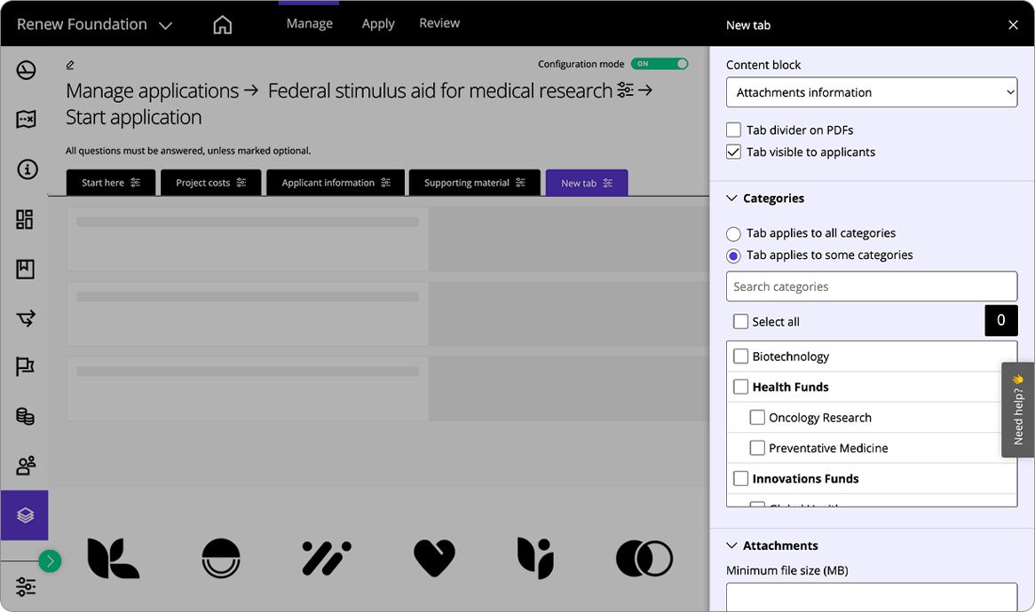 Good Grants-Oberfläche, die zeigt, dass der Stipendienmanager die gleiche Registerkarte zu mehreren Kategorien hinzufügen kann