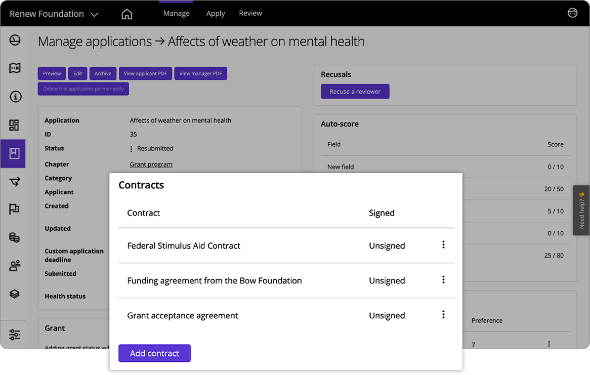 Good Grants-Oberfläche, die die einer Anwendung zugewiesenen Verträge anzeigt