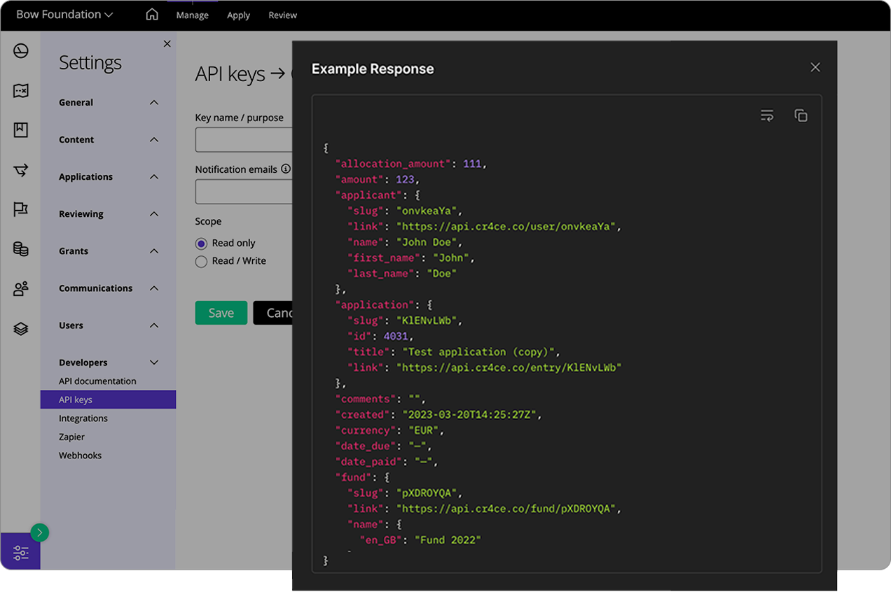 Good Grants-Oberfläche, die ein Beispiel für einen API-Schlüssel für die Mittelzuweisung zeigt