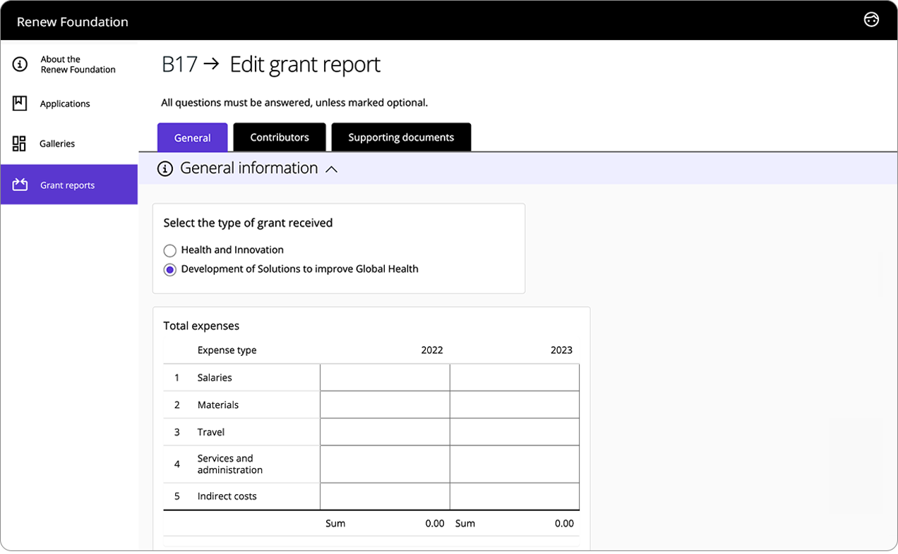 Good Grants interface showing the grantee's view of a grant report.