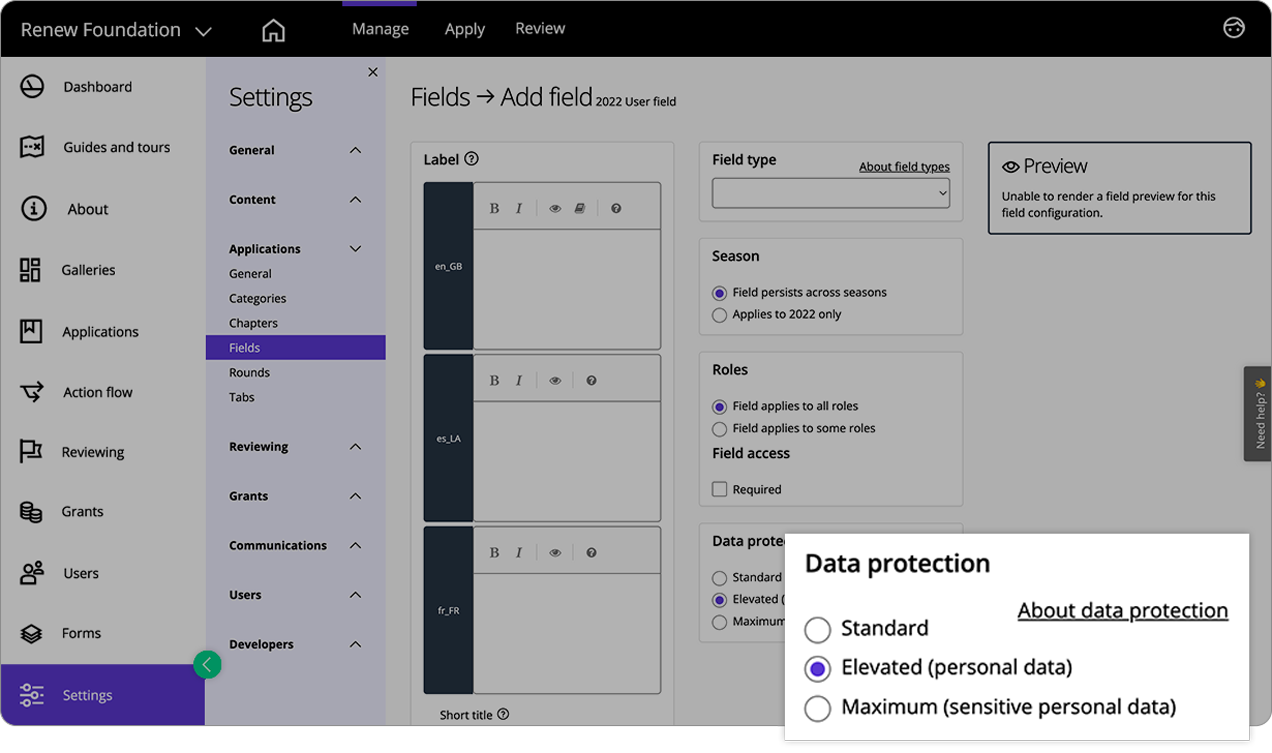 Good Grants interface showing different options for elevated data encryption