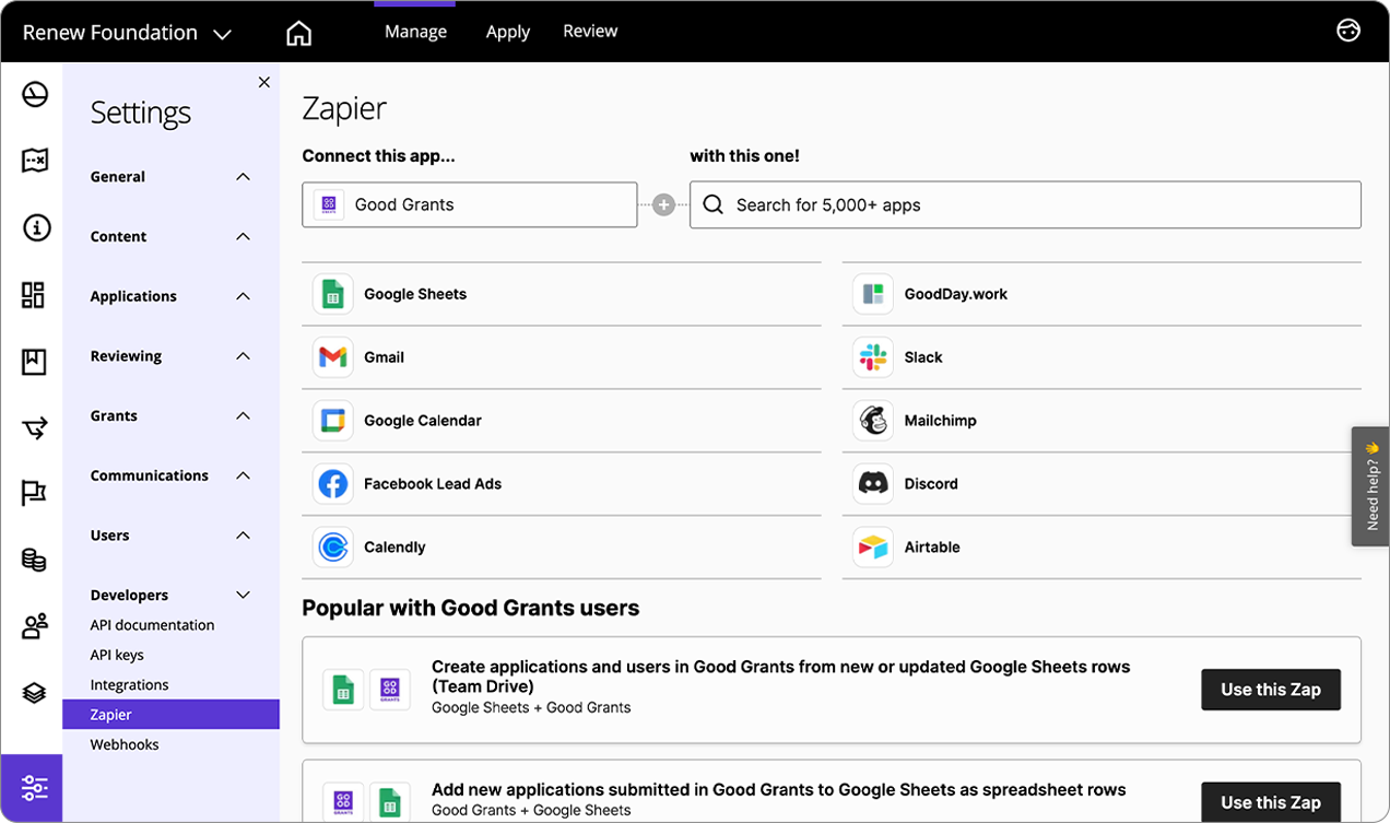 Good Grants-Oberfläche, die Zapier-Integrationsoptionen zeigt