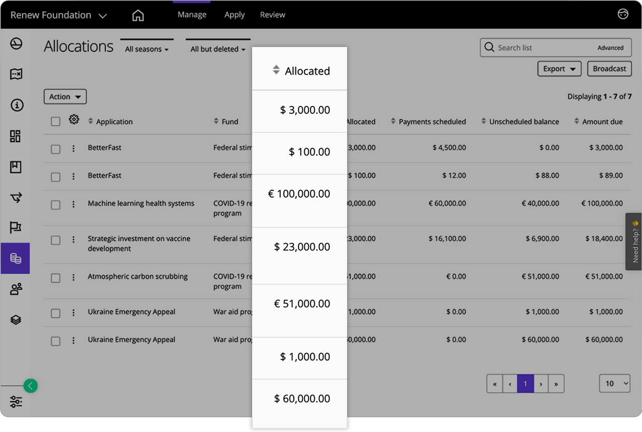 Good Grants interface showing a list of fund allocations