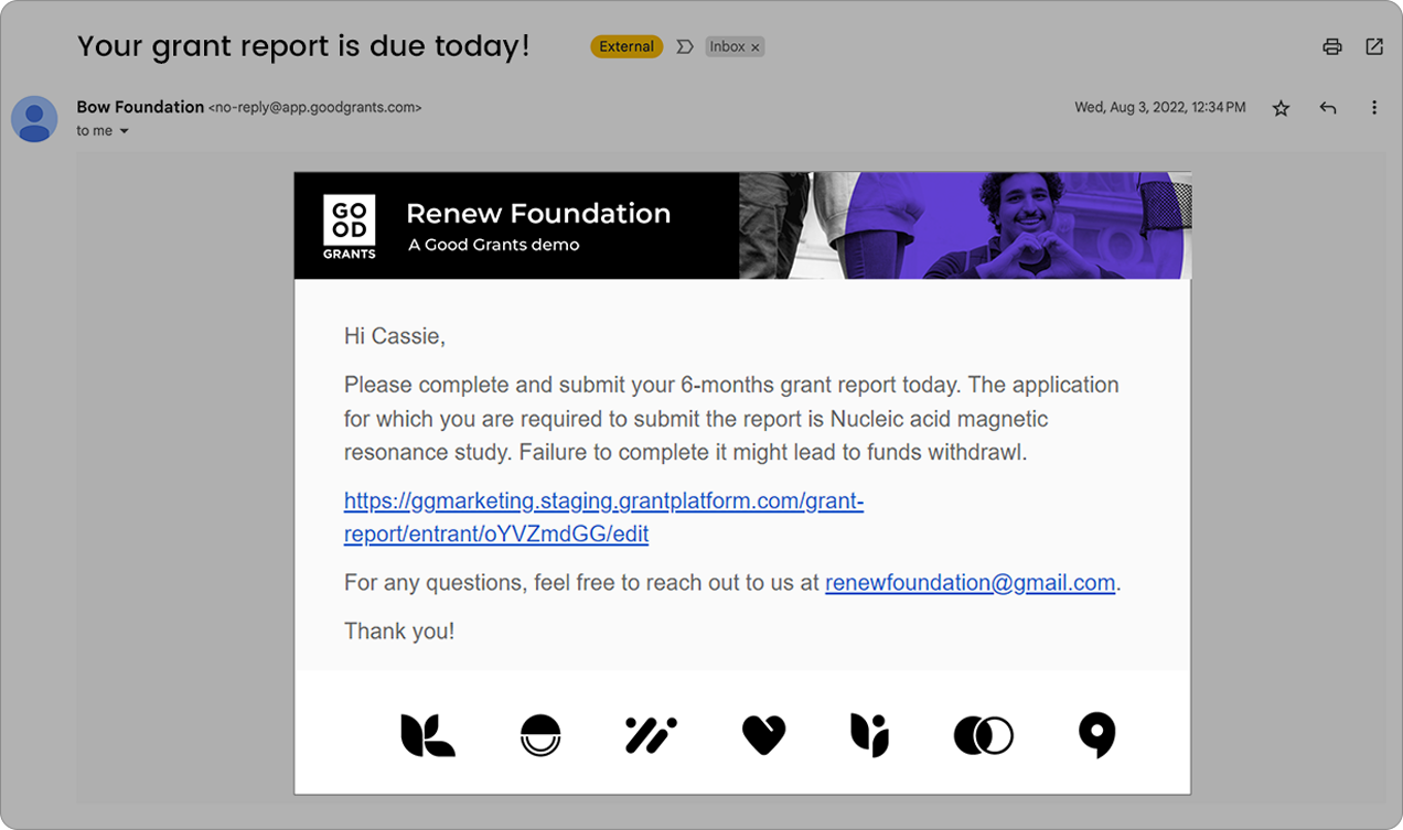 An email notification received by a grantee to remind them that the report is due.