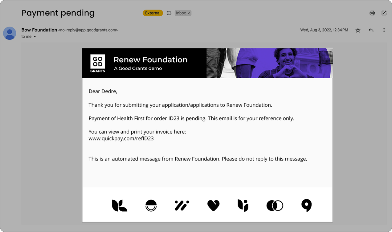 An example of a email notification sent to an applicant about a pending payment