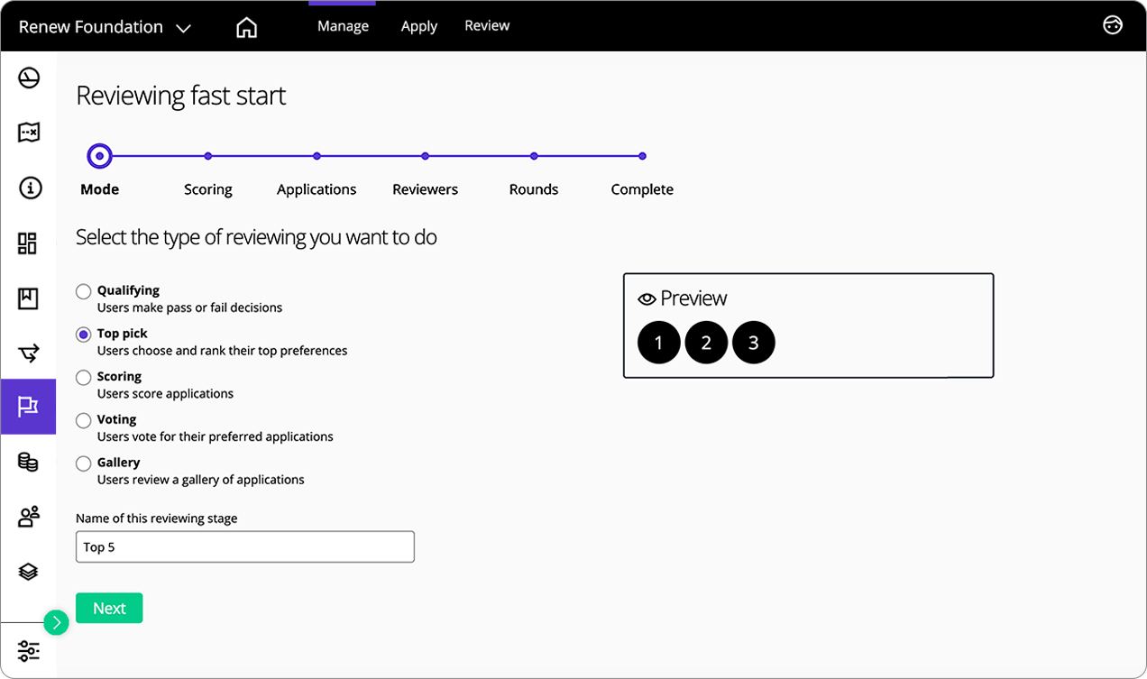 Good Grants Benutzeroberfläche, die zeigt, wie der Schnellstart für die Begutachtung in 5 Schritten konfiguriert wird