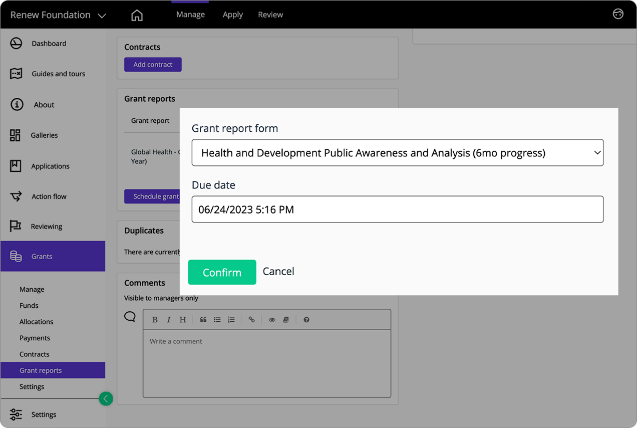 Good Grants interface showing that you can schedule multiple reports at with various due dates.