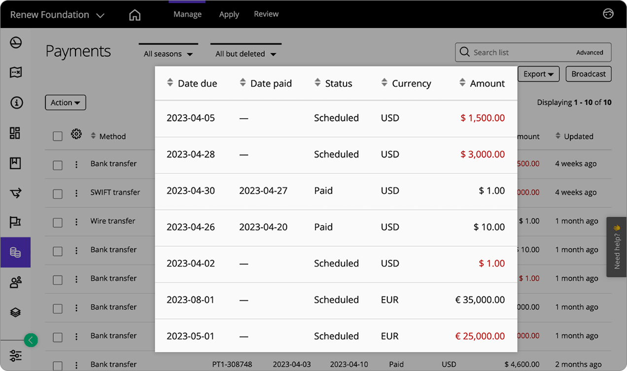 Good Grants interface showing a dedicated view of all the payment methods and they're statuses