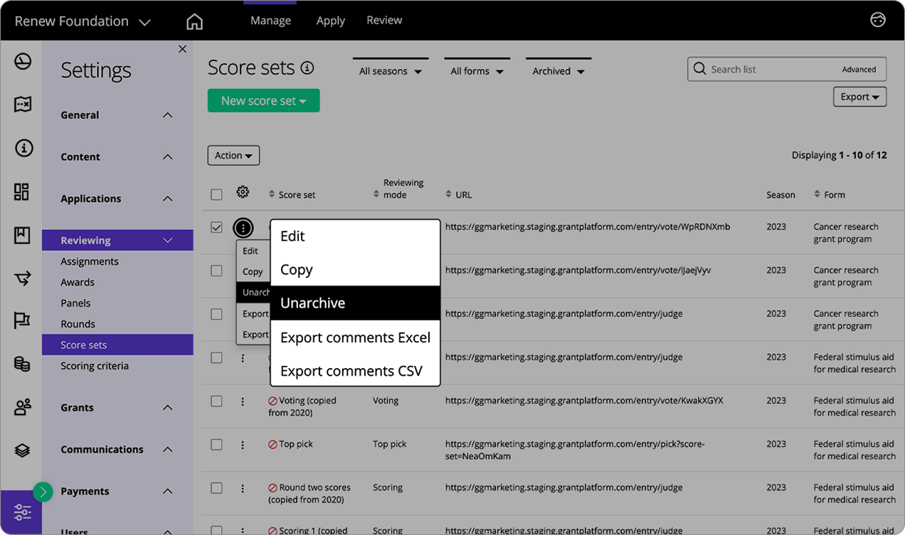 Good Grants interface showing that you can copy and unarchive score sets from previous seasons to use in a new season.