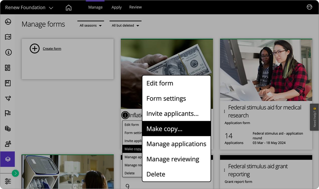 Good Grants interface showing that you can copy a form directly from the forms dashboard