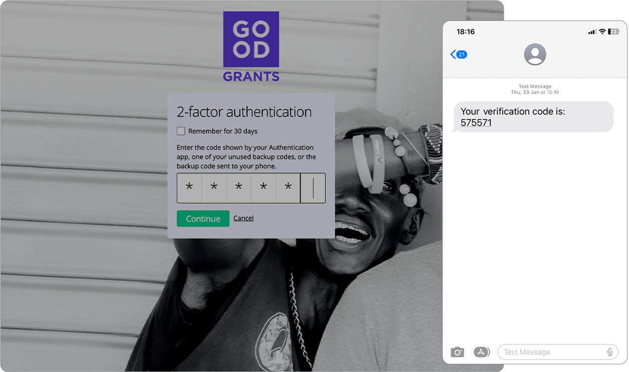 Good Grants homepage showing that you can use a code from an authenticator app or an sms to log in to your account