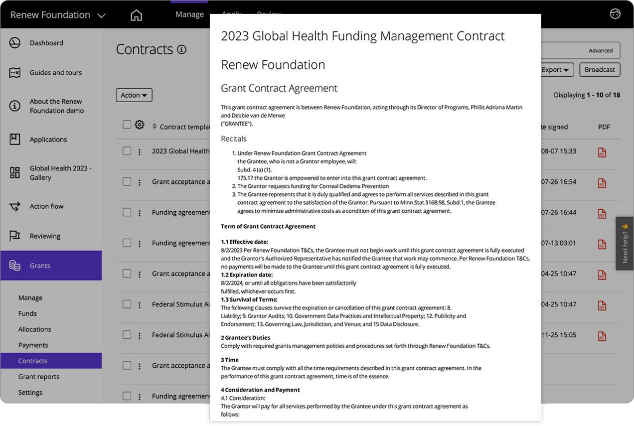 Good Grants interface view of a list of contracts