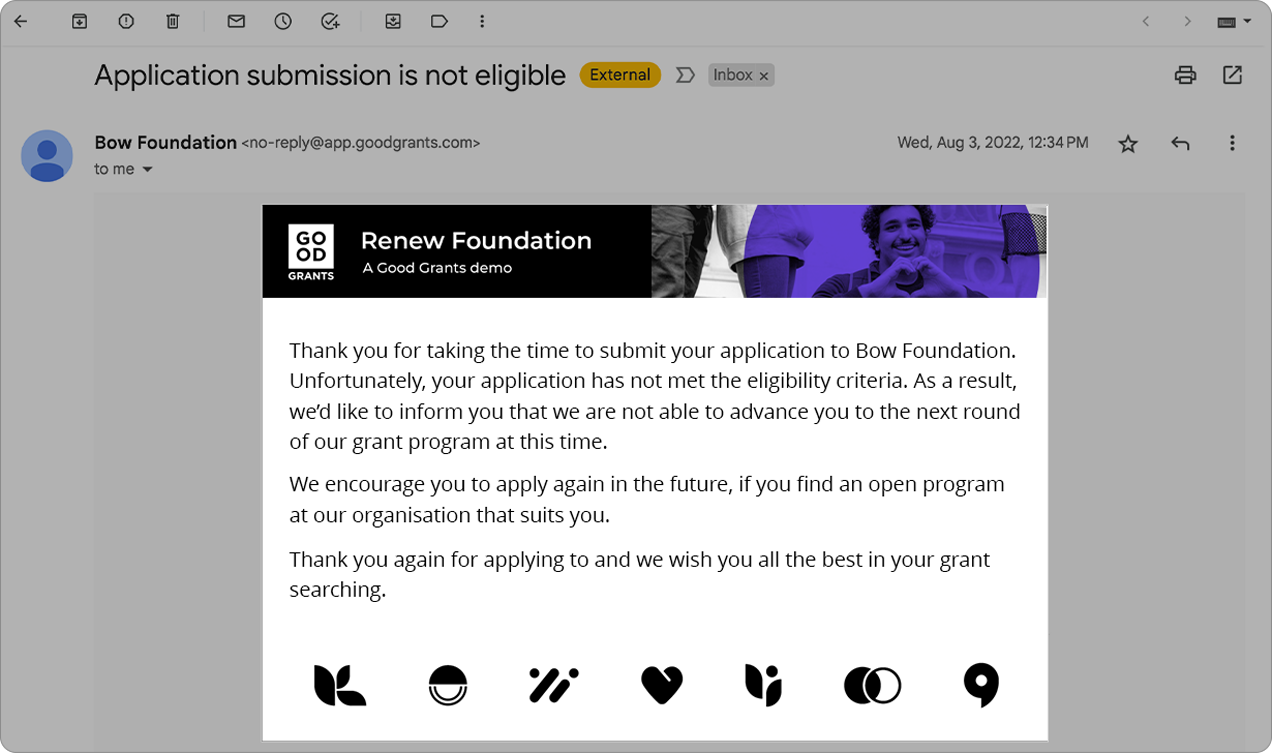An example of an automated email notification informing the applicant the application is not eligible.  