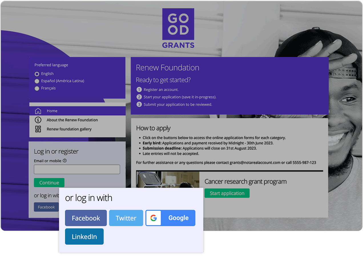 The user can chose to login in from social media platforms buy clicking on their links on the home page