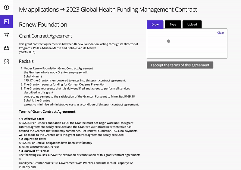 The Good Grants interface showing an example of an applicant drawing their signature on a contract that's been assigned to them. 